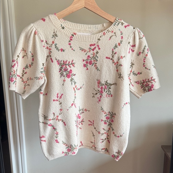 LC Lauren Conrad Tops - Lauren Conrad Cream Floral Short-Sleeve Knit Top - Pink & Green Floral (PXS)